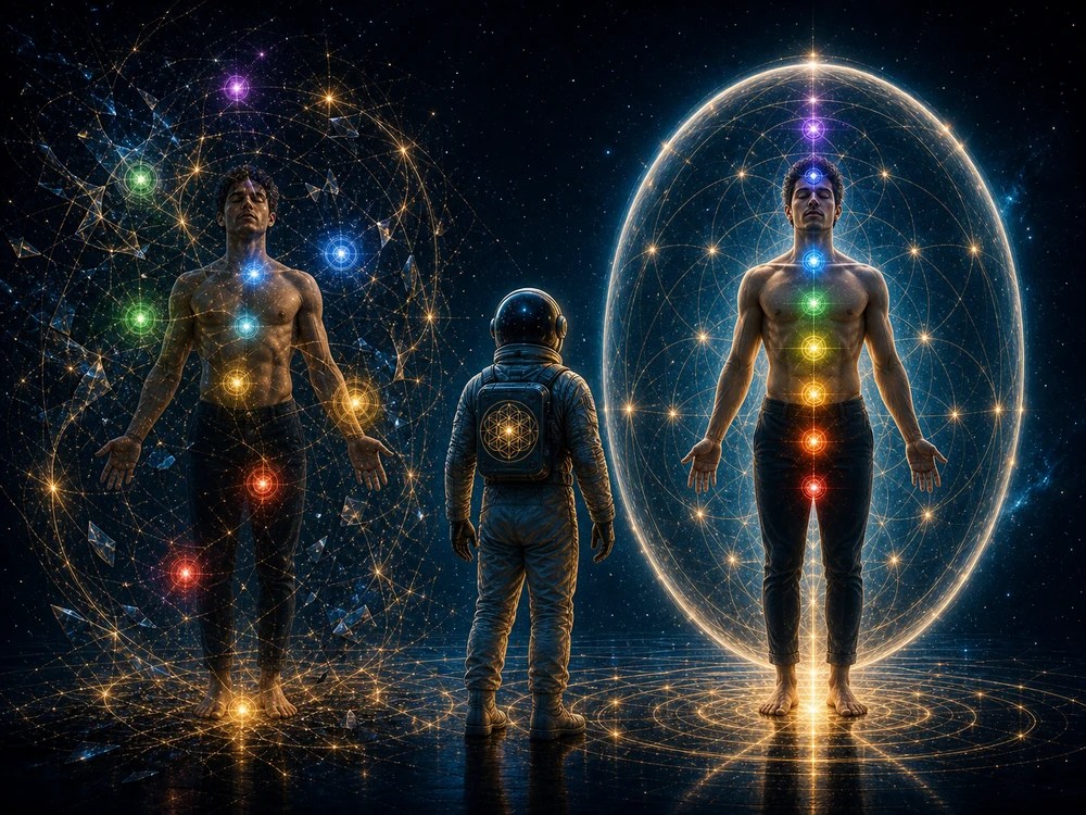chakra alignment comparison image showing scattered energy versus aligned chakra system