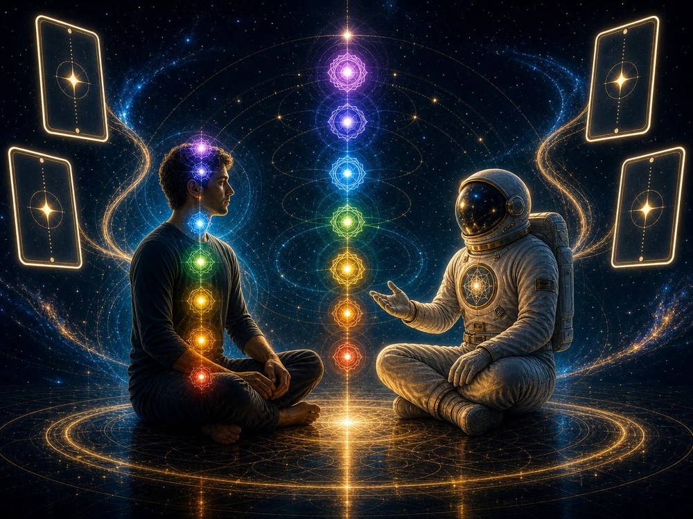 chakra alignment faq image with astronaut host and seven chakra question lights