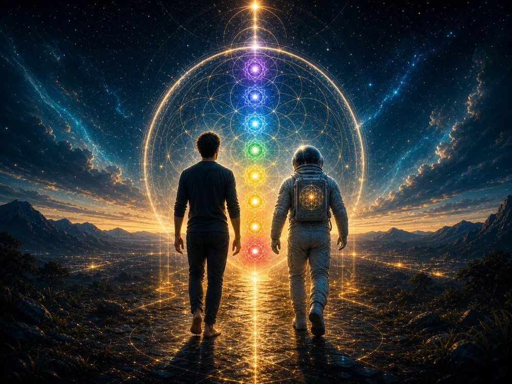 chakra alignment closing image with male seeker and astronaut host walking through seven chakra portal