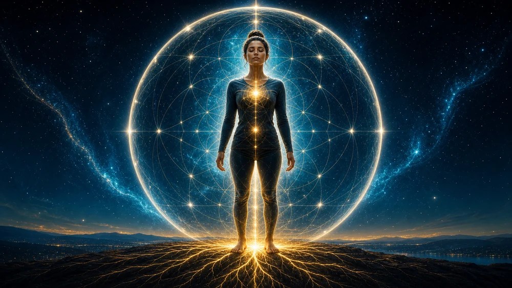 Woman stands barefoot on rocky ground, enveloped by a glowing geometric sphere with radiant energy lines emanating from her center.