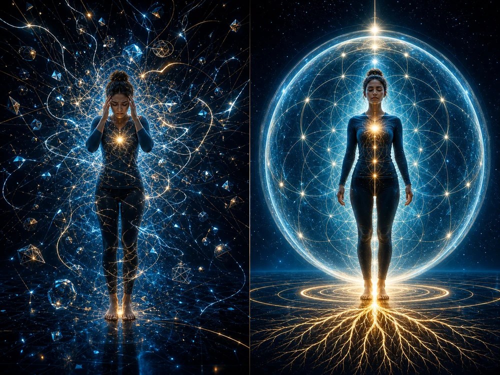 Two-panel artwork of a woman standing with hands on temples, surrounded by blue glowing energy lines and geometric lights.