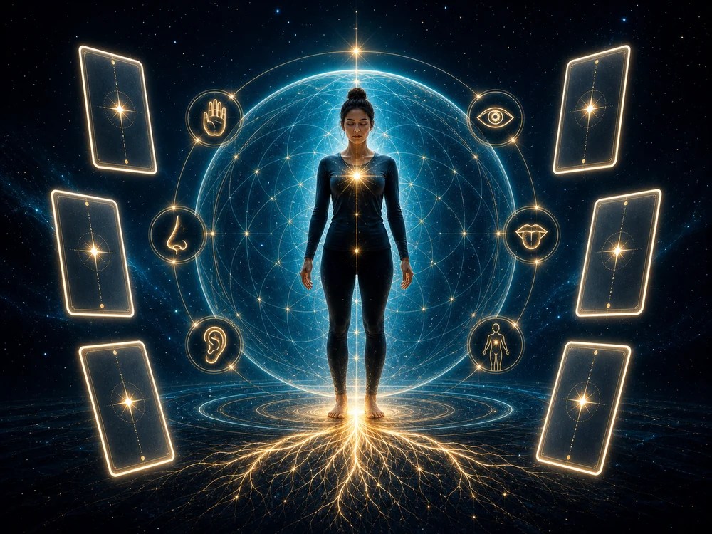 Person stands barefoot inside a glowing energy sphere, with sense and body icons orbiting them around a starry background and floating cards nearby.