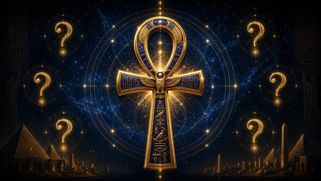 Ornate gold ankh with blue inlay and hieroglyphs against a starry sky, circular celestial patterns, and pyramids in the distance with glowing question marks nearby.