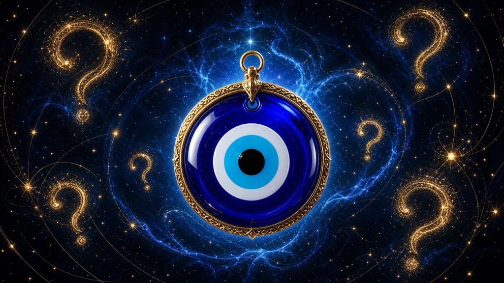 Blue evil eye pendant in a gold ornate frame floats against a starry, cosmic backdrop with glowing question marks.
