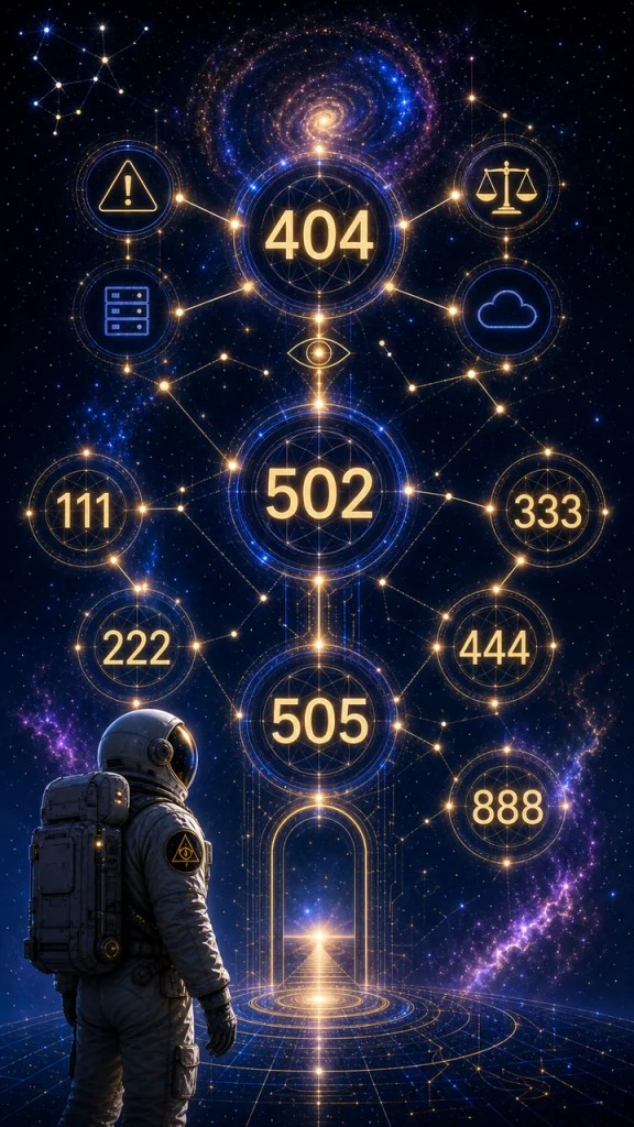 Astronaut in space faces a glowing network of neon nodes and numbers like 404, 502, and 505 in a cosmic grid.