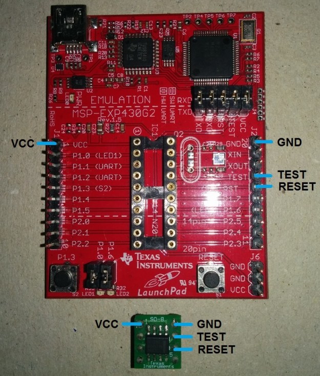 MSP430 Launchpad used as a Programmer for MSP430G2230 pinout connections MSP430 Launchpad used as a Programmer for MSP430G2230 pinout connections