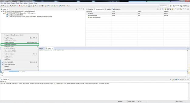 Code Composer Studio Graphing Tool Tutorial Breakpoint Properties MSP430 Tiva C C2000