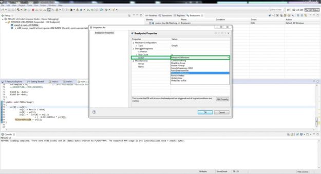 Code Composer Studio Graphing Tool Tutorial Breakpoint Properties Change Action MSP430 Tiva C C2000