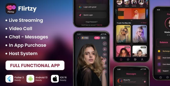 Flirtzy - Live streaming, Video Call, Chat, Host | Android | iOS | Node JS | React JS with Backend