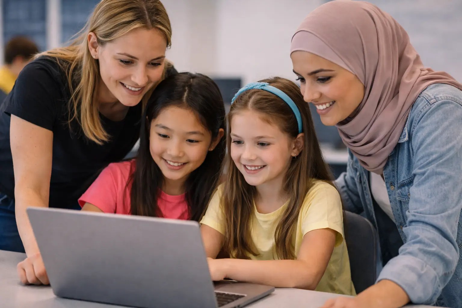 young girls learning to code in Scratch