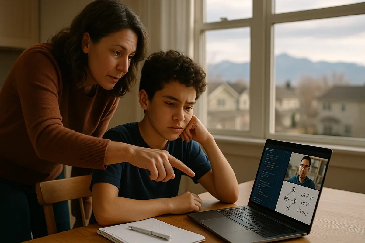 Parent and middle-school child working on a laptop with a live virtual instructor visible on screen; Colorado suburban background suggests Denver metro area.