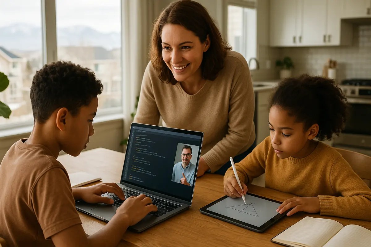 Parent and two Denver-area children working at a table: one coding on a laptop, one sketching math, with a live instructor visible on the laptop screen.