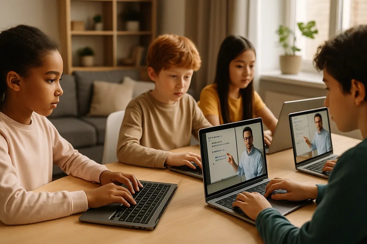 Children learning coding and math in a live virtual class with a smiling instructor on laptop screens