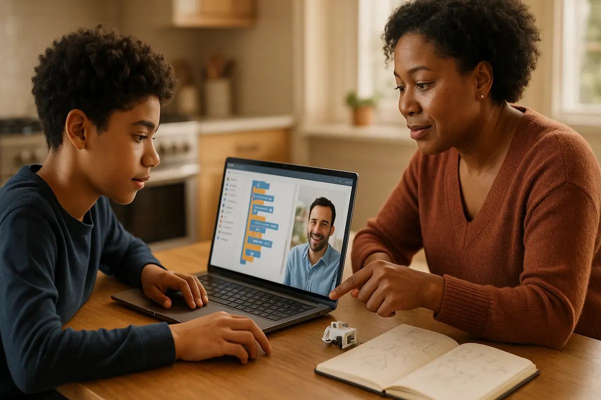 Parent and child working on a laptop coding project with an online coach visible on screen, notebook with math sketches nearby