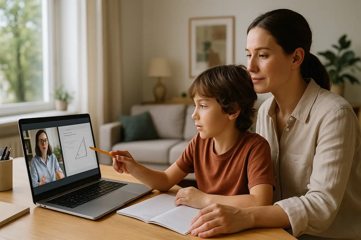 Parent and child at home desk watching a live virtual coding and math lesson on a laptop, teacher visible on screen