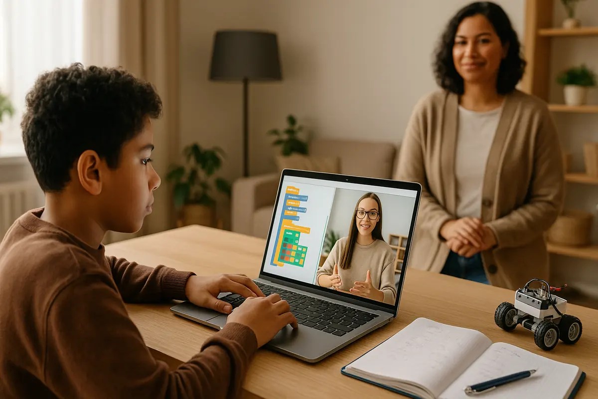 Child learning coding and math via live virtual tutor on laptop at home with parent nearby, project materials visible