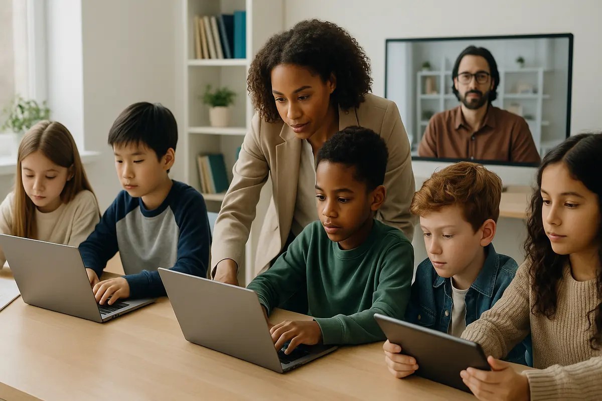 Kids at a modern classroom table coding on laptops with a teacher assisting and a live virtual instructor visible on a screen.