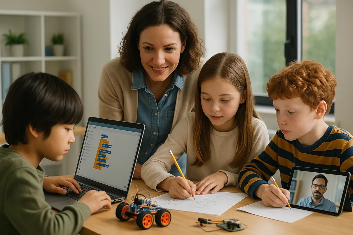 Children doing coding and math activities in a modern classroom with an instructor and a live virtual session on a tablet screen.
