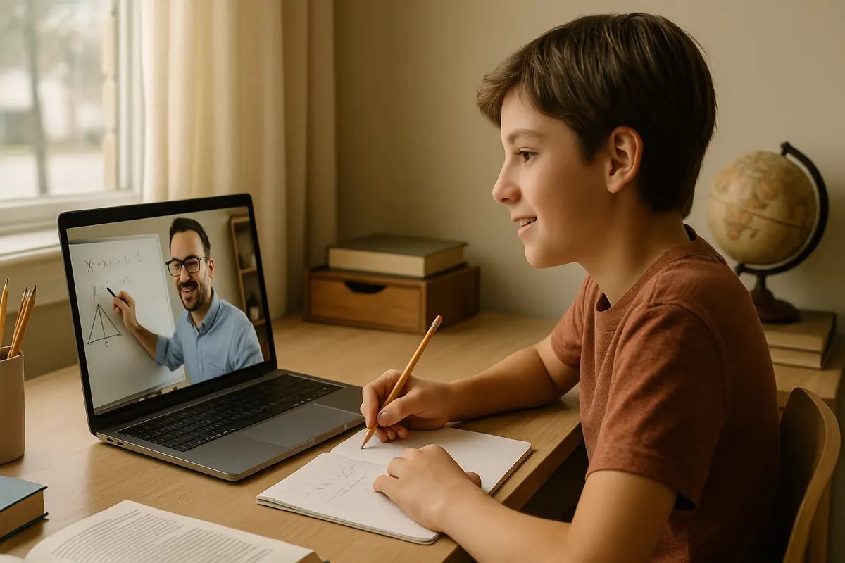Student at a study nook working with a live virtual math tutor on a laptop; tutor drawing equations on a digital whiteboard, hands on paper, engaged expressions.