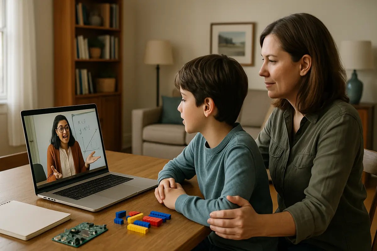 Parent and child in a Bloomington home watching a live virtual tutor on a laptop, with visible code and math diagrams on the screen and project materials on the table.