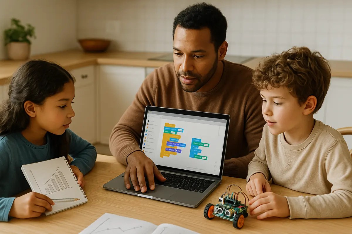 Family doing a coding-and-math project at home: laptop with block coding, small educational robot, and a parent guiding two children during a live virtual session.
