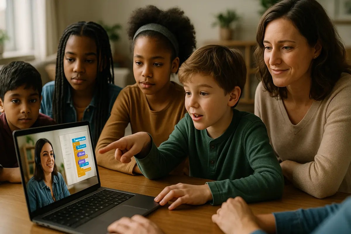 Parent and children at home watching a live virtual coding instructor on a laptop, engaged in a coding project.