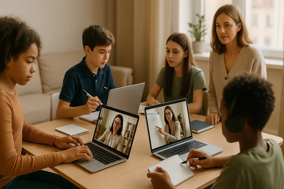 Children and teens engaged in a live virtual coding and math bootcamp with a coach on a laptop screen in a modern home setting
