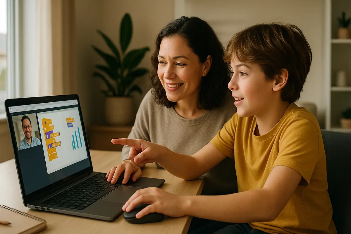 Parent and child participating in a live virtual coding and math class on a laptop, instructor visible on screen and child pointing at coding/math content
