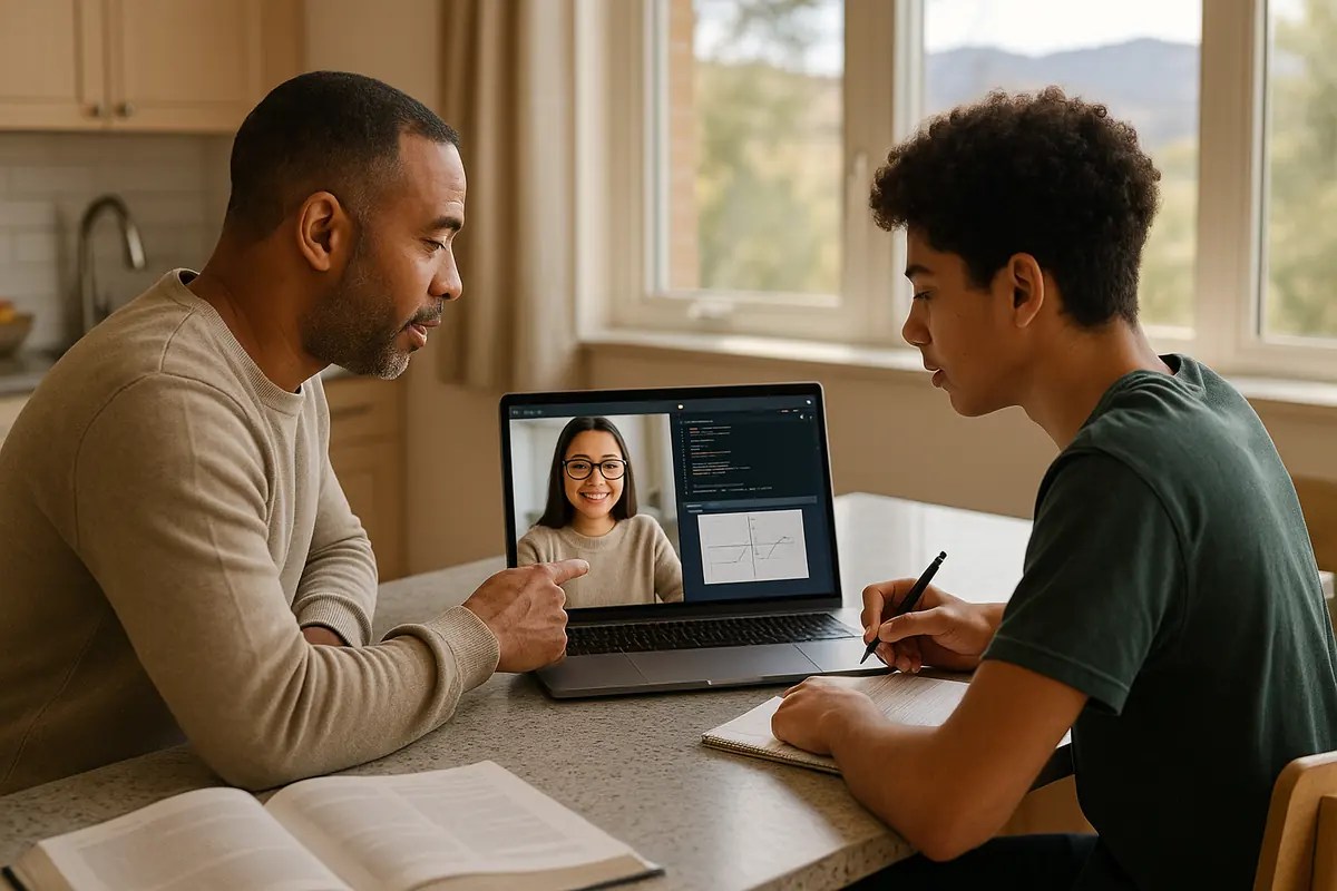 Parent and teen working with a live virtual tutor on coding and math on a laptop at home, warm natural lighting, Colorado foothills visible in background.