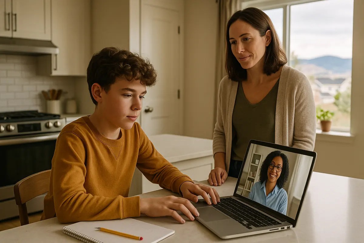 Child and parent engaged in a live virtual coding/math lesson on a laptop at a home kitchen island in a Denver-area suburban setting, with instructor on the screen.