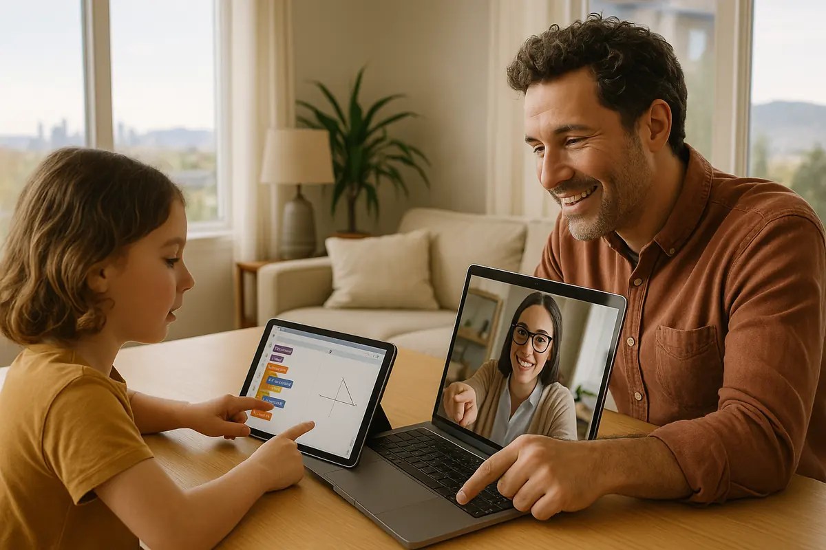 Parent and child working with a live virtual instructor on laptop, coding blocks and math visuals visible, Denver foothills in background.