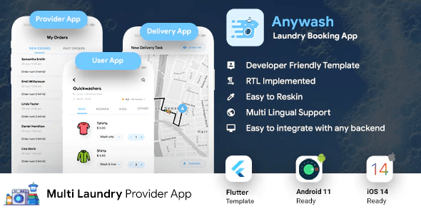Multi Vendor Laundry Booking & Delivery App  Android + iOS App Template - 3 Apps - FLUTTER - Anywash