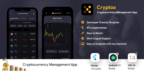 Crypto Prices, Charts - Wallet & NFT Tracker Android + iOS App UI Template - FLUTTER 2 - Cryptox
