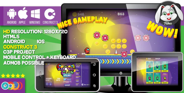 Among Run - HTML5 game, Construct 3 (.c3p) + mobile, sharings, shop, AdMob possible