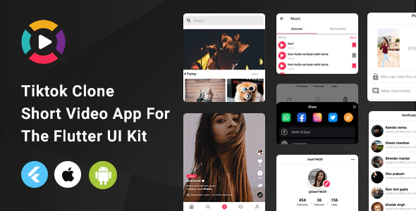 Tiktok Clone - Short Video App For The Flutter UI Kit - Android - iOS
