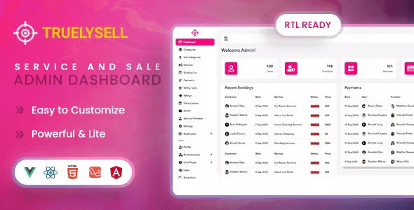 Truelysell - Services and Sales Admin Dashboard Template (HTML + Angular + Laravel + Vue + Reactjs)