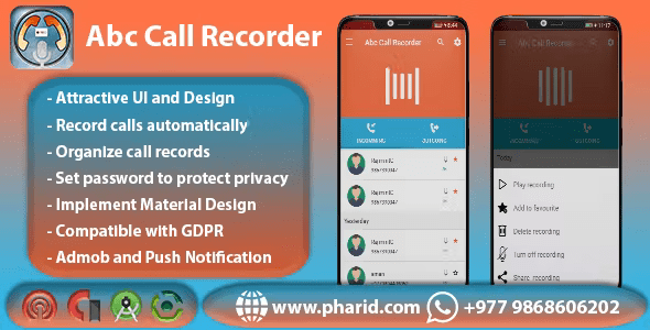 Abc Call Recorder - Beautiful UI, Admob, Firebase Push Notification, Playstore Policy Compatiable