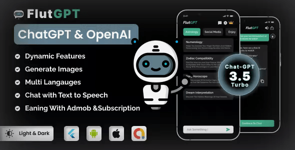 FlutGpt - ChatGPT Flutter Full Application | Art Generator | ADMOB | Subscription Plan