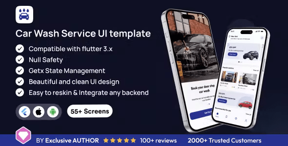 WashWorks UI Template: Car Wash Service app in Flutter 3.x (Android, iOS) UI app template