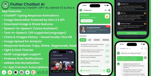 Flutter Chatbot AI - Powered by ChatGPT, GPT-4o & Gemini 2.0 | Image Generator | Voice Assistant