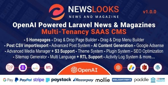 NewsLooks SAAS | OpenAI Powered News & Magazines Multi-Tenancy SAAS CMS [Extended License]