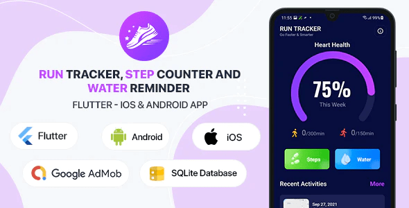 Run Tracker, Step Counter and Water Reminder - Flutter Android & iOS App (40 Languages)
