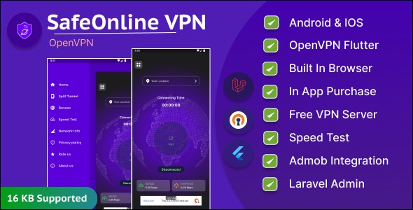 SafeOnline OpenVPN Flutter App with Admin Panel, Admob and Browser