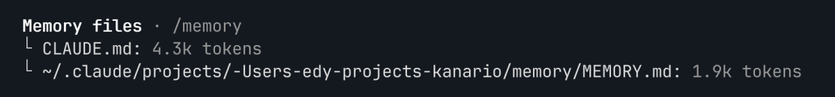 Claude Code memory files showing CLAUDE.md and MEMORY.md with their token counts