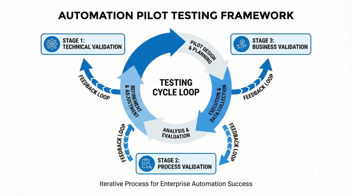Framework diagram showing automation pilot testing cycle with validation and feedback stages.
