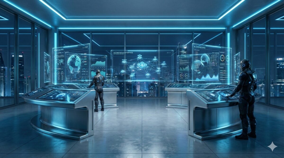 Futuristic AI-powered enterprise control room with digital dashboards and automation systems.