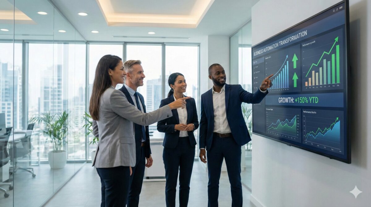 Business team reviewing automation success dashboard with growth charts and performance improvement.