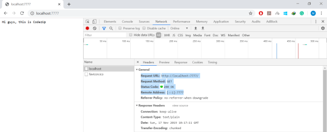 Create a HTTP Web Server in Node js Output