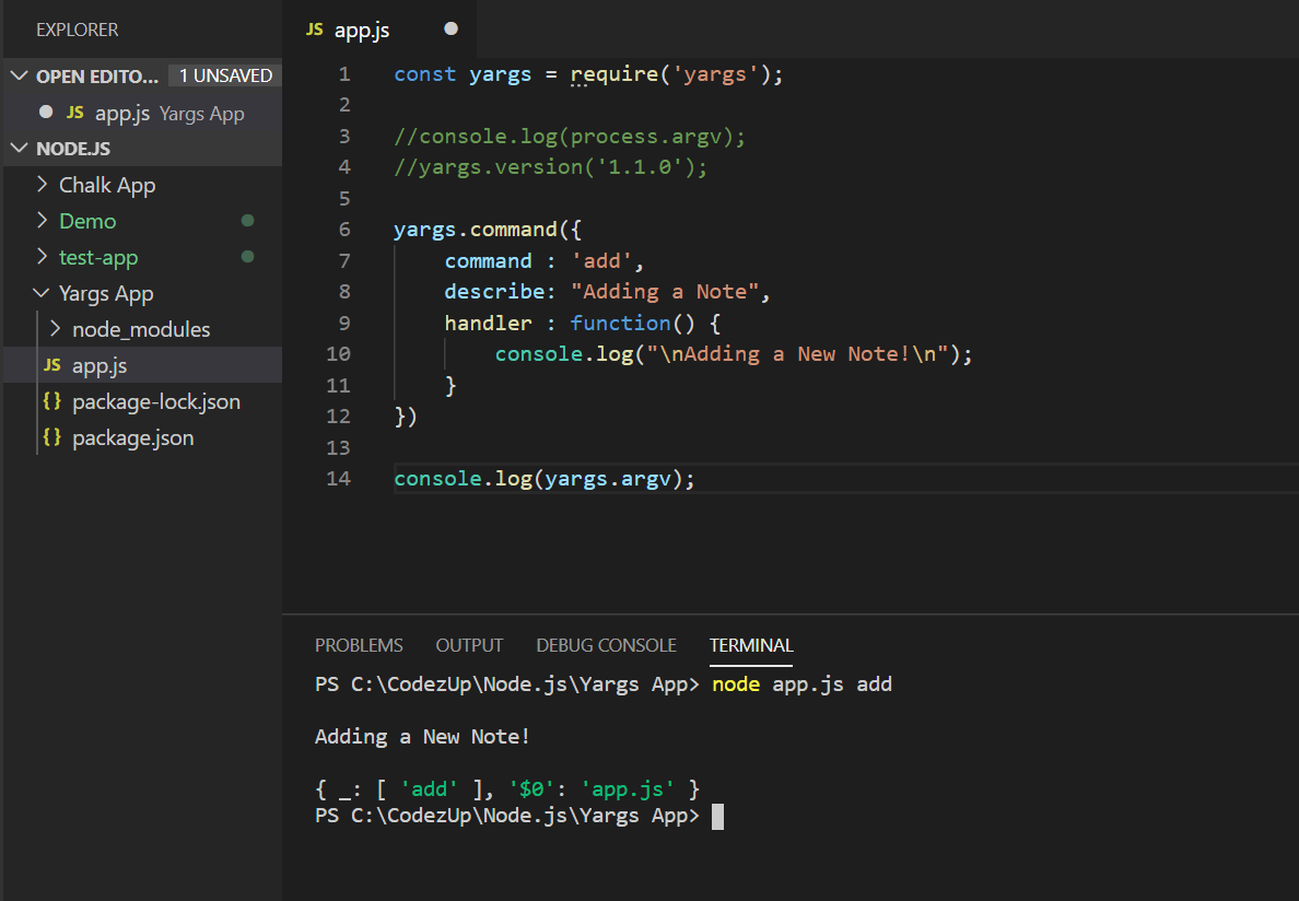 Adding New Note using Yargs add command basic