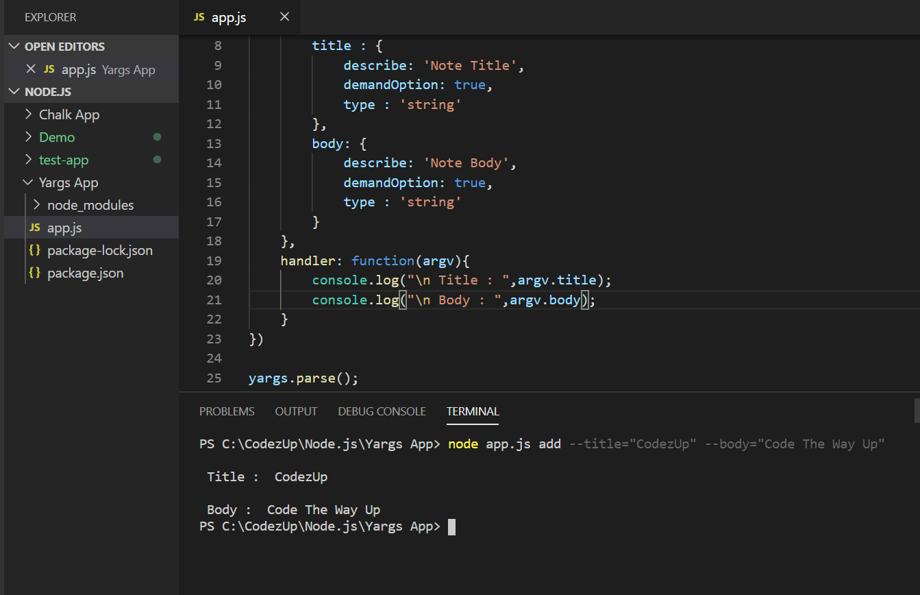 Yargs Complete Output add command with 2 arguments
